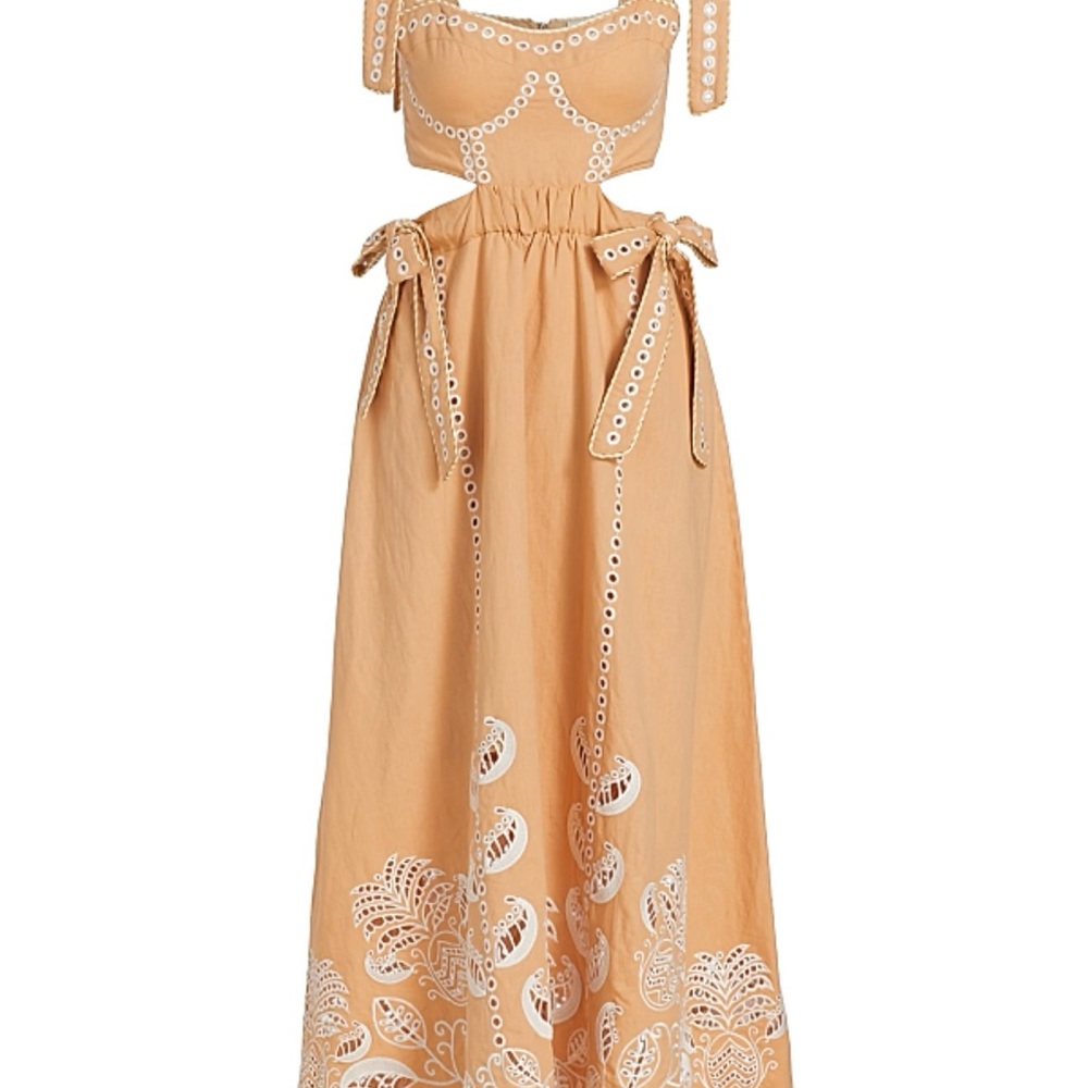 FARM Rio Tan and White Eyelet Maxi Dress